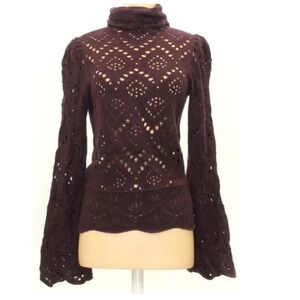 Free People Sweater Shoot From The Heart Burgundy Eyelet Flare Sleeve XS